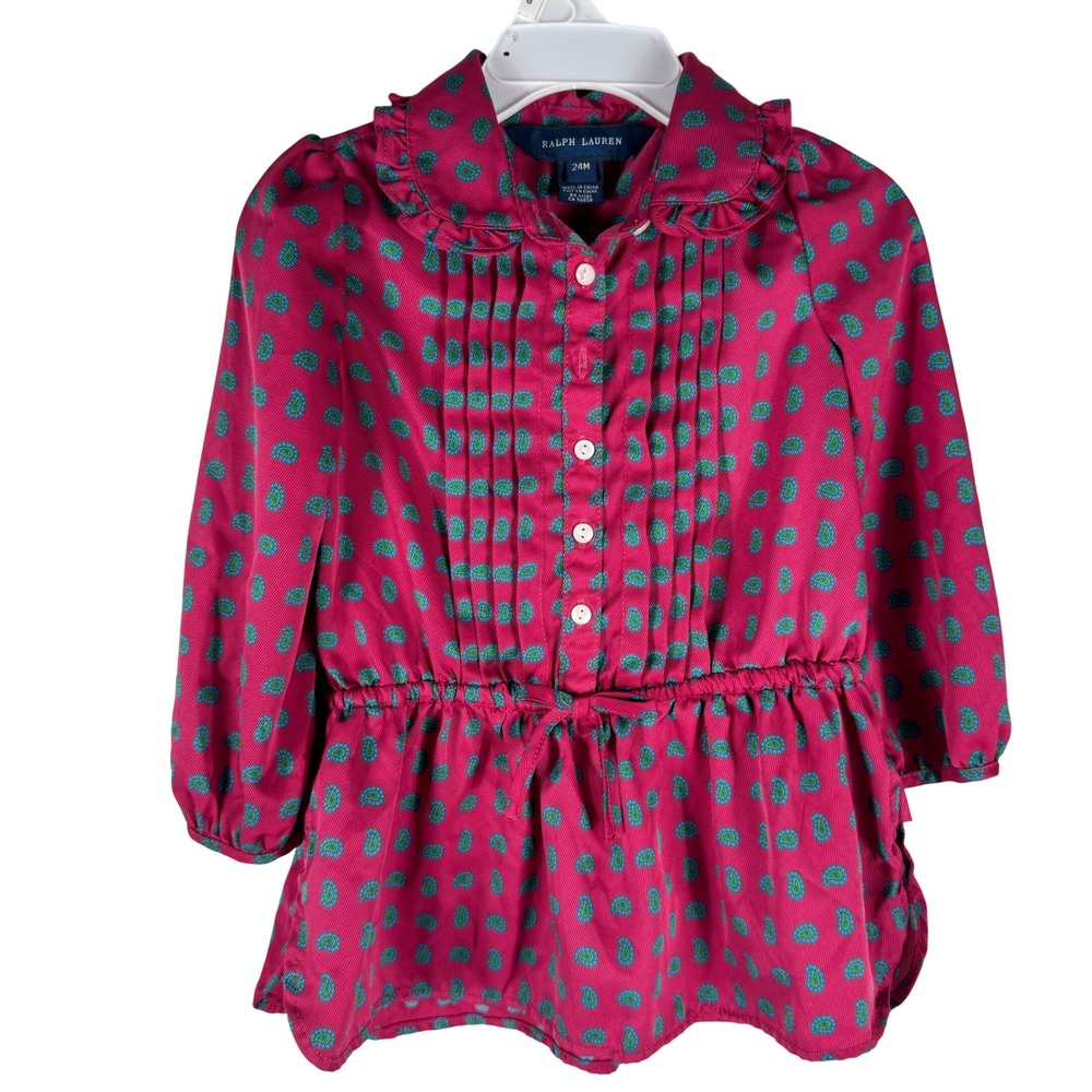 Ralph Lauren Girls 24M Pink Paisley Ruffle Collar Pintuck Peplum Tunic Top